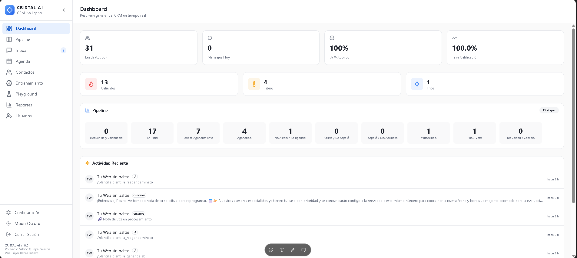 Dashboard de Cristal AI CRM con leads activos, pipeline y actividad reciente